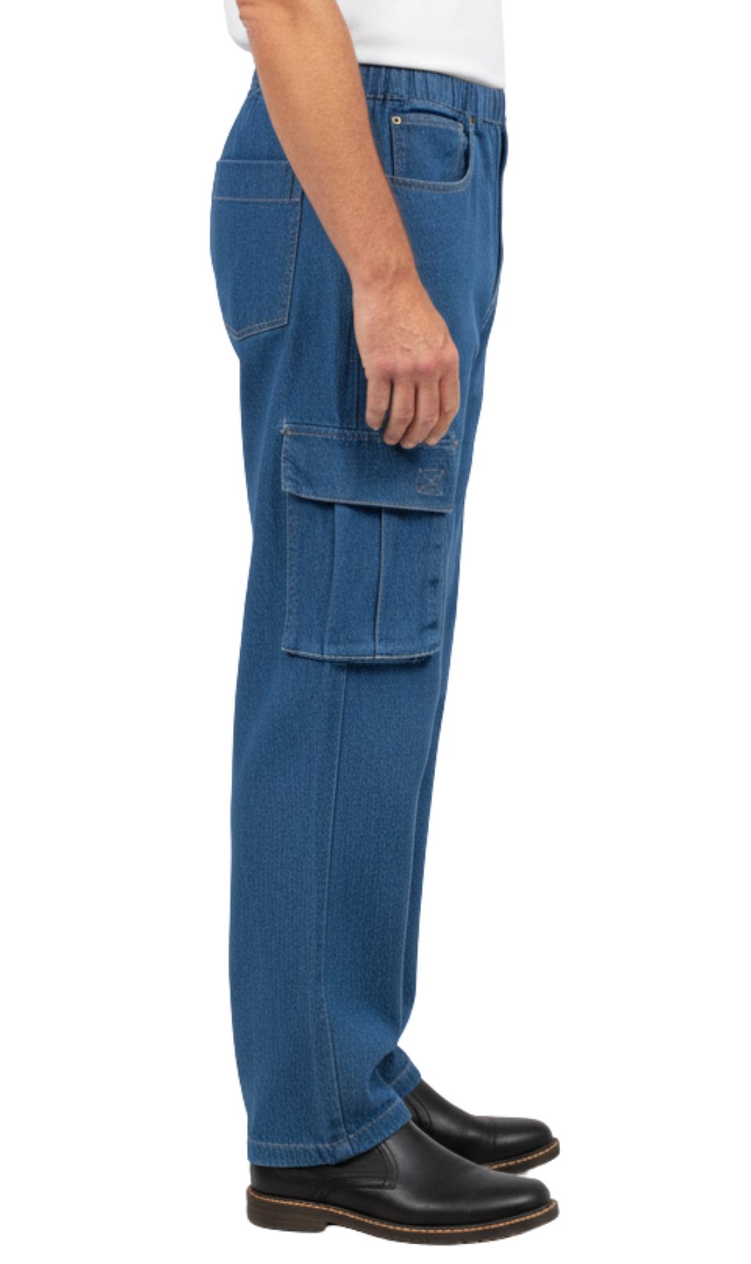 Blue cargo pants worn by a person on a white background
