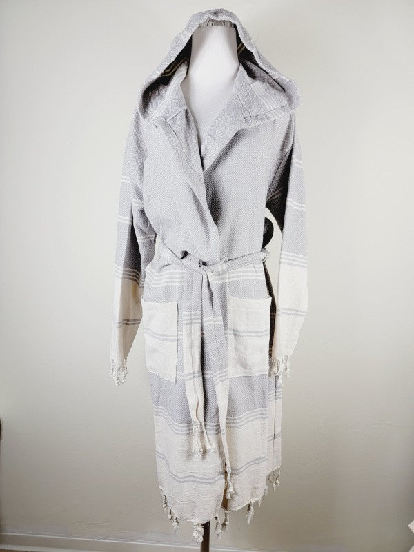 Gray hooded beach robe with belt tie, patch pockets, long sleeves, fringe tassels