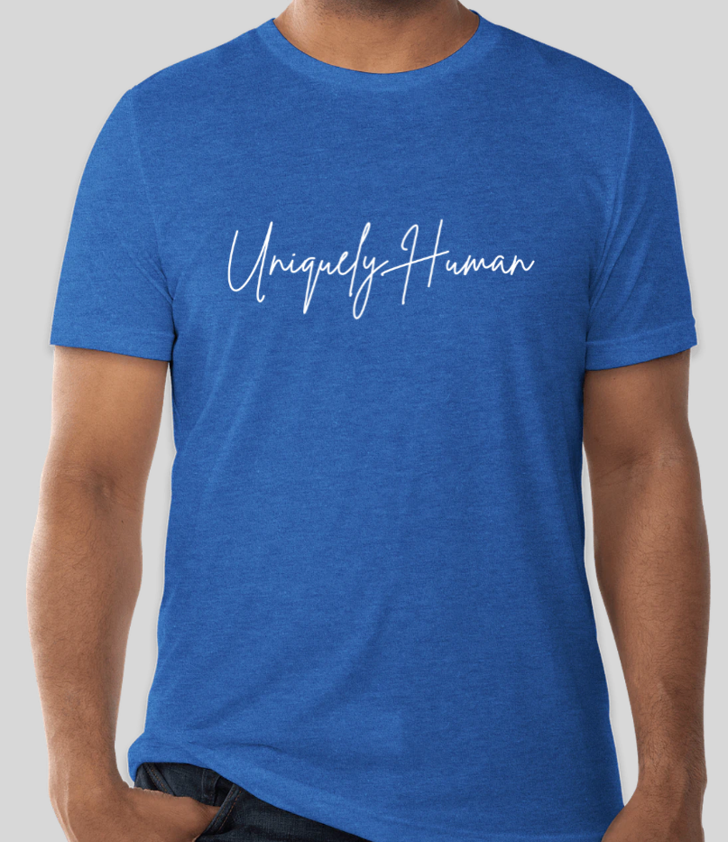 Blue crew-neck T-shirt with centered white script logo, short sleeves