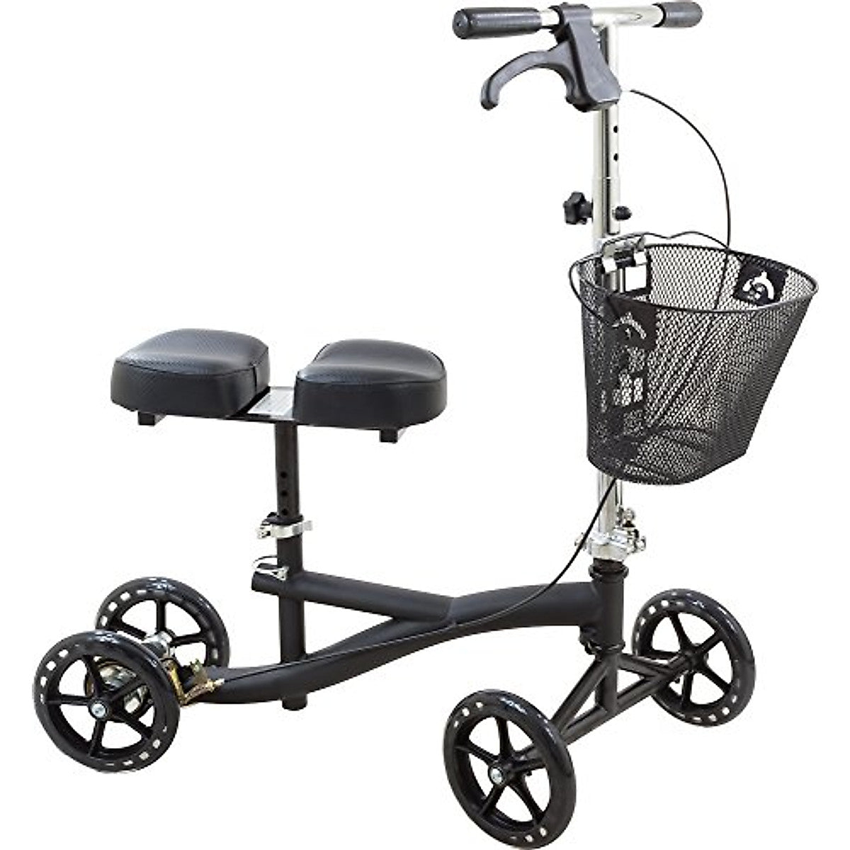 Black knee walker scooter with padded seat and mesh front basket