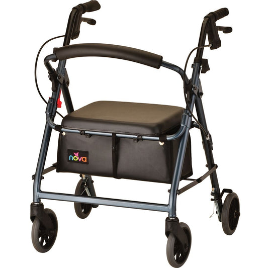 Junior rolling walker with padded seat, armrests, and under-seat storage pouch