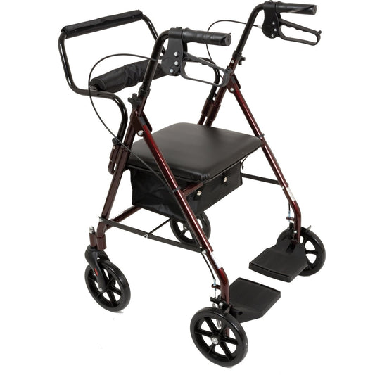 Burgundy folding transport rollator walker with seat and four wheels, curved handles.