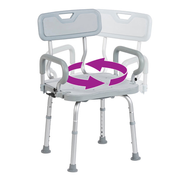 Swivel bath chair with dual backrests and purple 360° rotation arrows