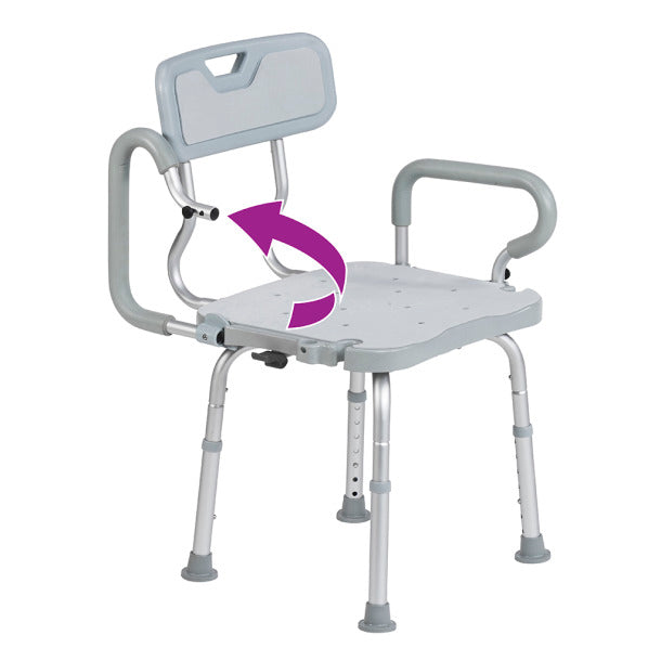 Swivel bath chair angled view with purple turn arrow and armrest safety strap