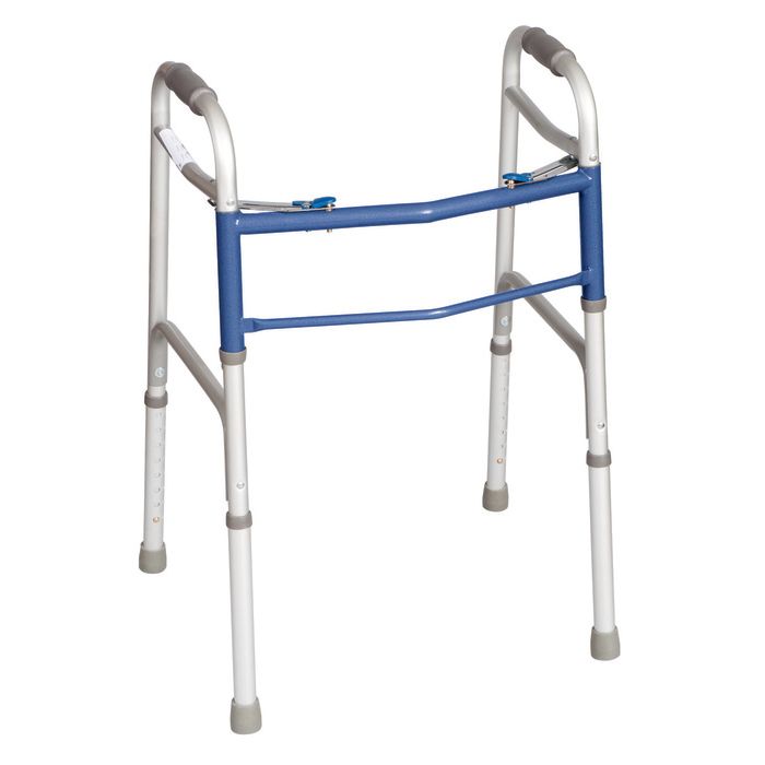Two-button walker with white frame and blue padded seat bar