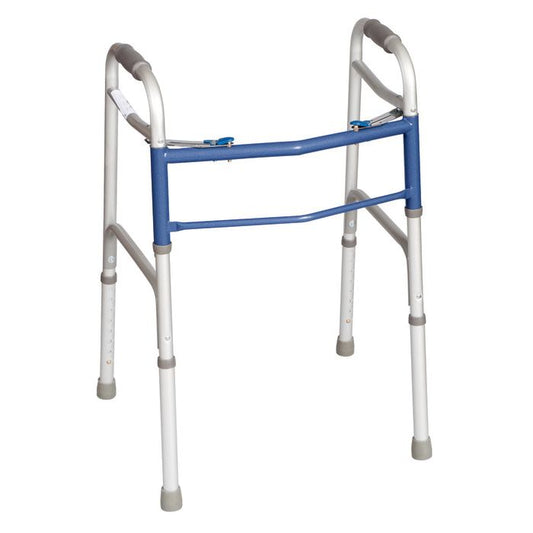 Two-button walker with white frame and blue padded seat bar