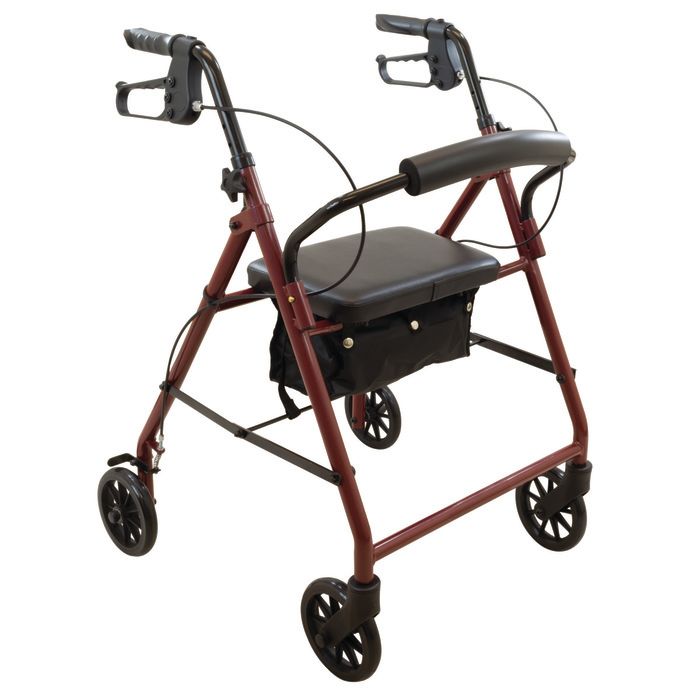 Burgundy steel rollator walker with padded seat, loop brakes, and front storage bag