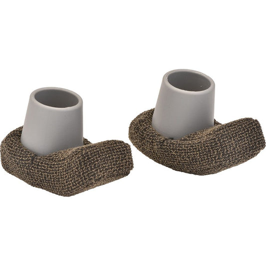 Gray ski cover tips with open cuffs, wrapped in brown textured fabric