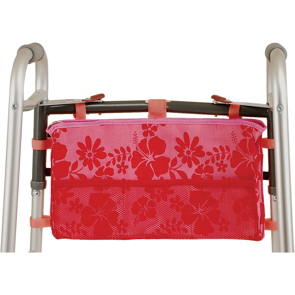 Aloha pink folding walker bag with red floral print, zippered top pocket