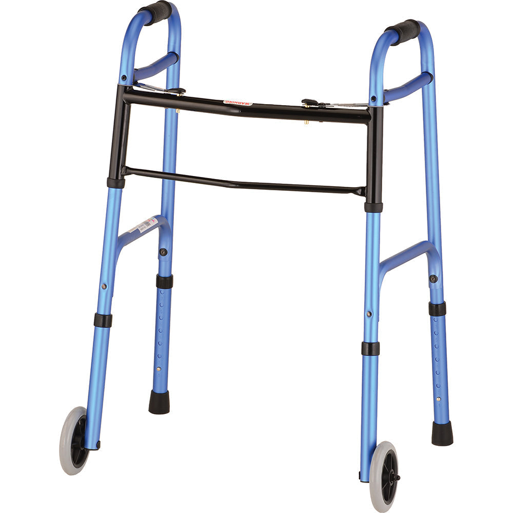 Blue folding walker with black hand grips and two front wheels, compact frame