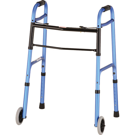 Blue folding walker with black hand grips and two front wheels, compact frame