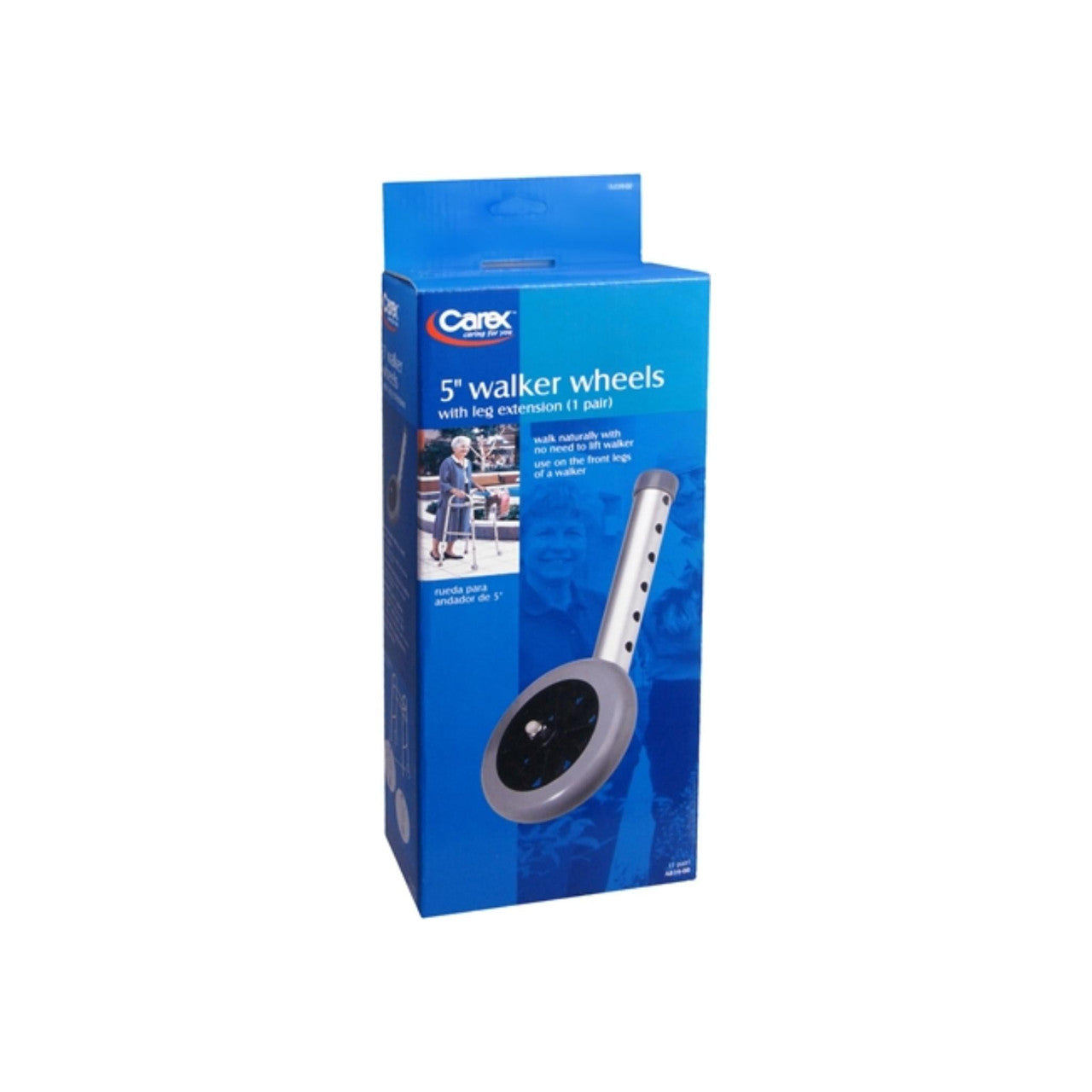 5-inch walker wheels with leg extenders (1 pair) on retail box packaging