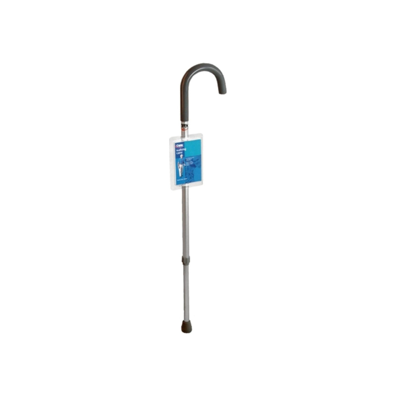 Adjustable aluminum walking stick with round dark handle and rubber tip