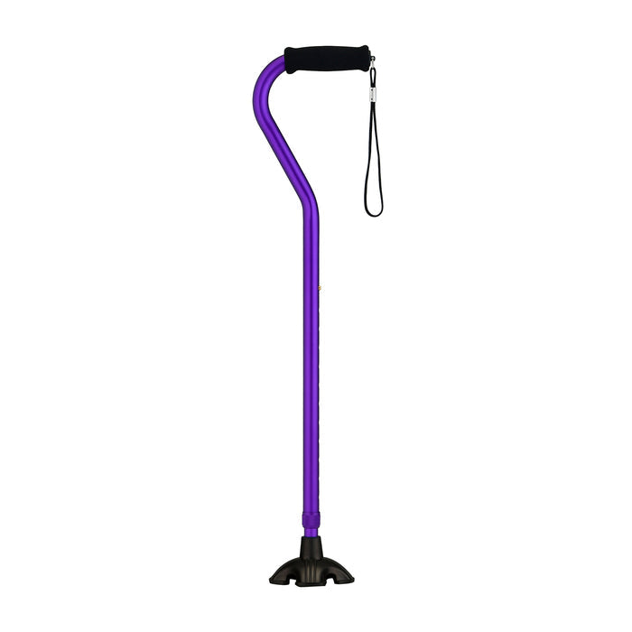 Purple offset walking cane with black wrist strap and rubber tip base
