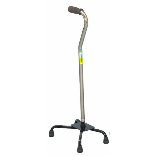 Silver quad cane with large four-leg base and cushioned black handle grips