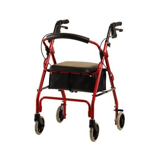 Red rolling walker with padded seat, contoured back, and four caster wheels