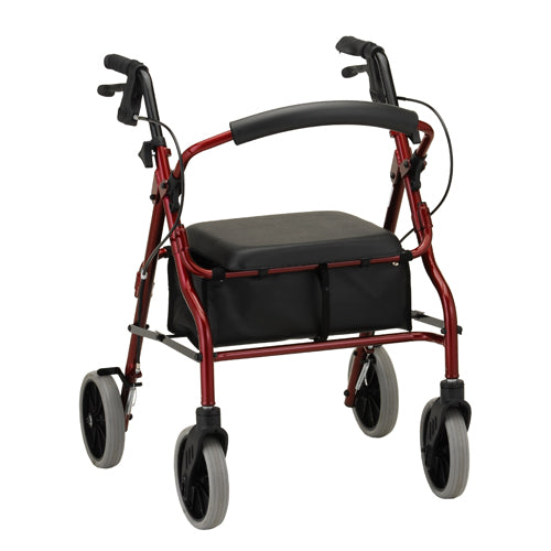 Nova Zoom 20 rolling walker with padded seat, red frame, four wheels, hand grips