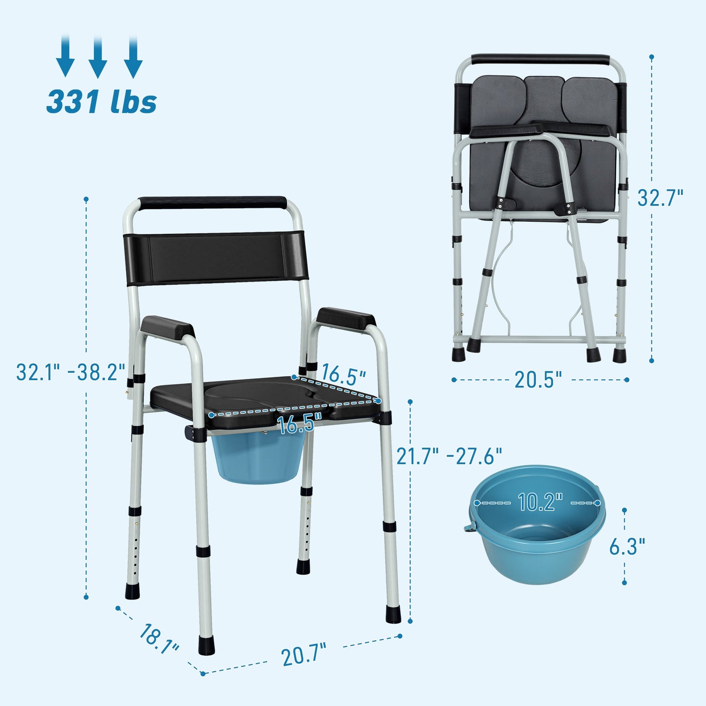 Adjustable commode chair with removable blue bucket, black armrests, and height range