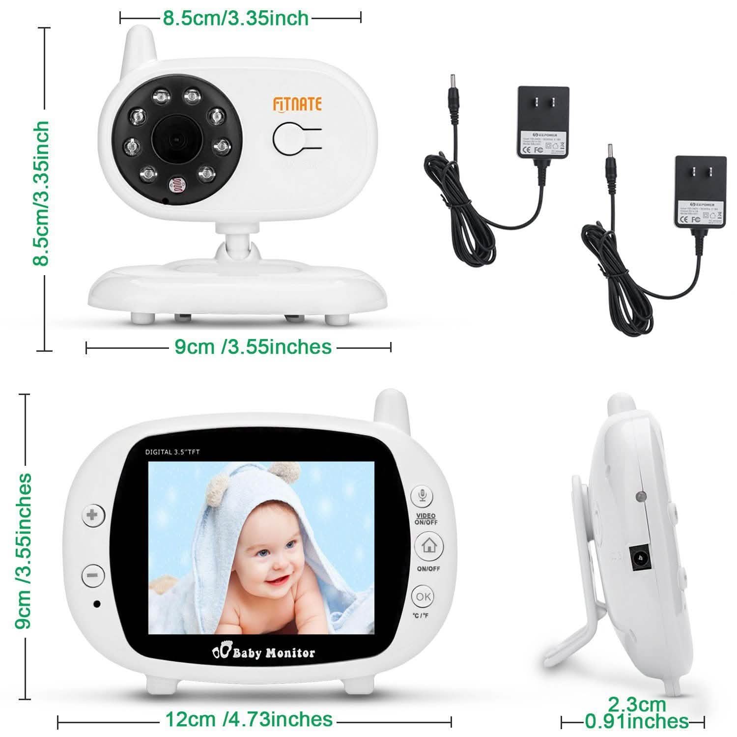 White baby monitor camera and receiver, shown with charging adapter cables