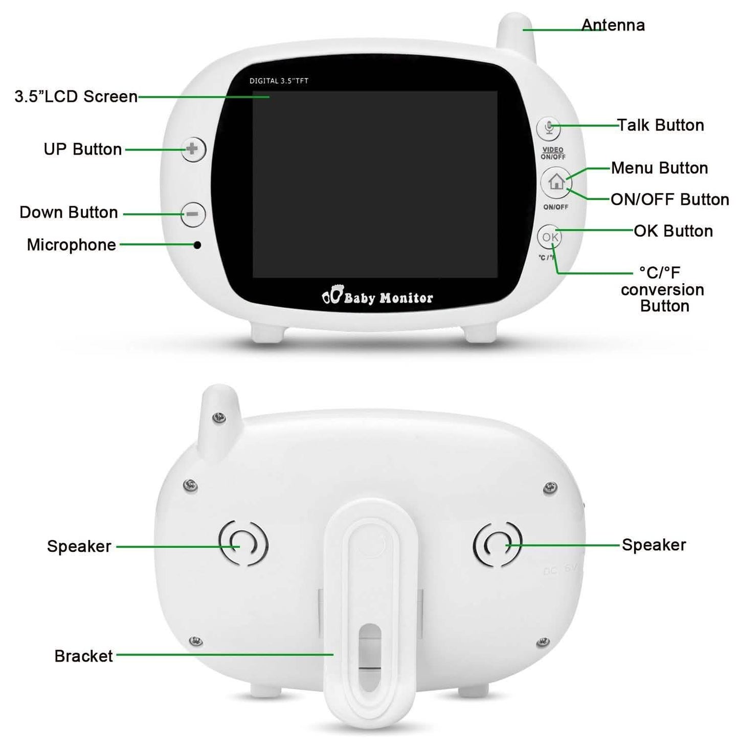 White baby monitor receiver with labeled buttons and microphone on front edge