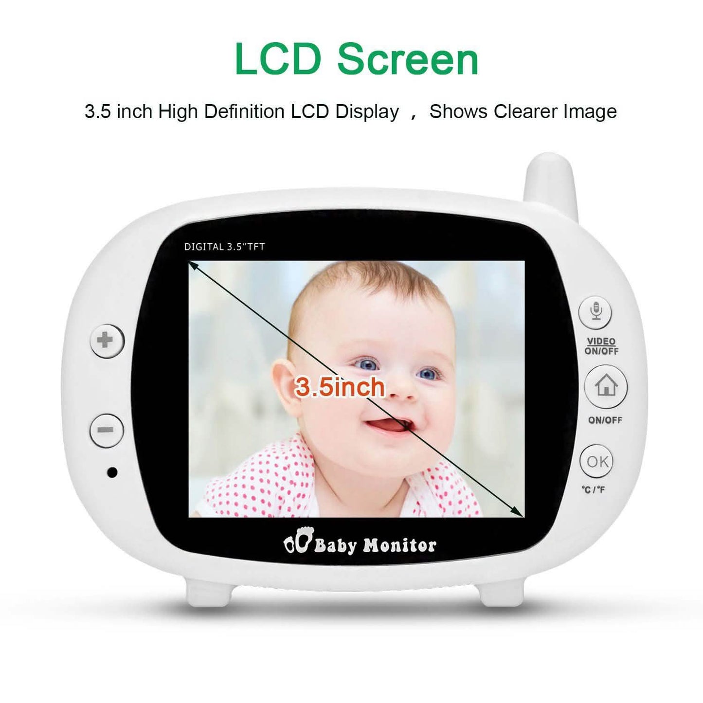 White 3.5 in LCD baby monitor receiver with touchscreen-like black bezel
