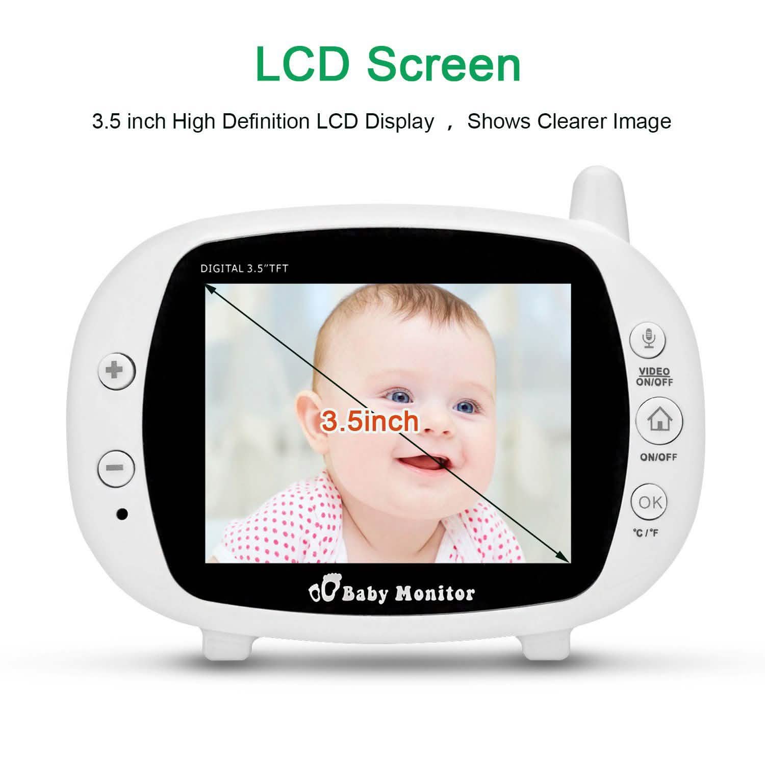 White 3.5 in LCD baby monitor receiver with touchscreen-like black bezel