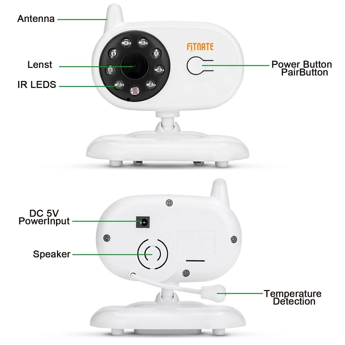White baby monitor camera unit front with IR LED ring around the lens