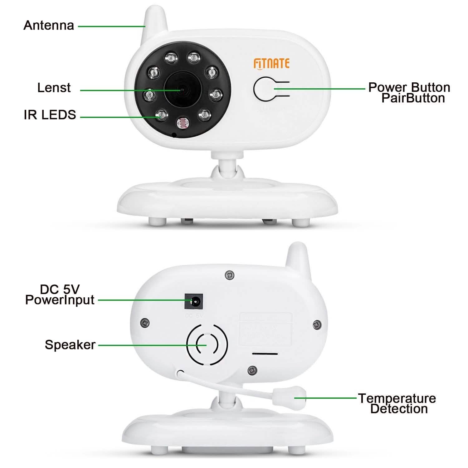 White baby monitor camera unit front with IR LED ring around the lens