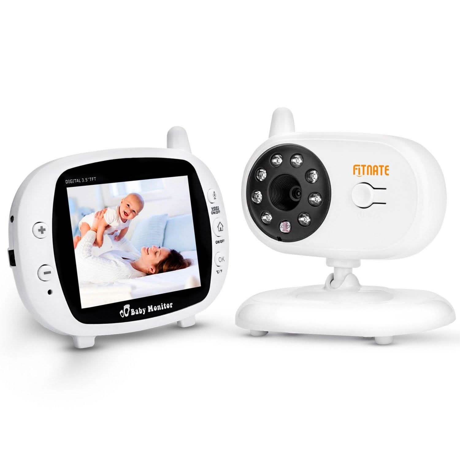 Wireless baby monitor with 3.5 in screen receiver and camera unit, both in white