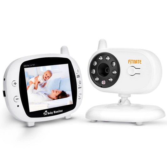 Wireless baby monitor with 3.5 in screen receiver and camera unit, both in white