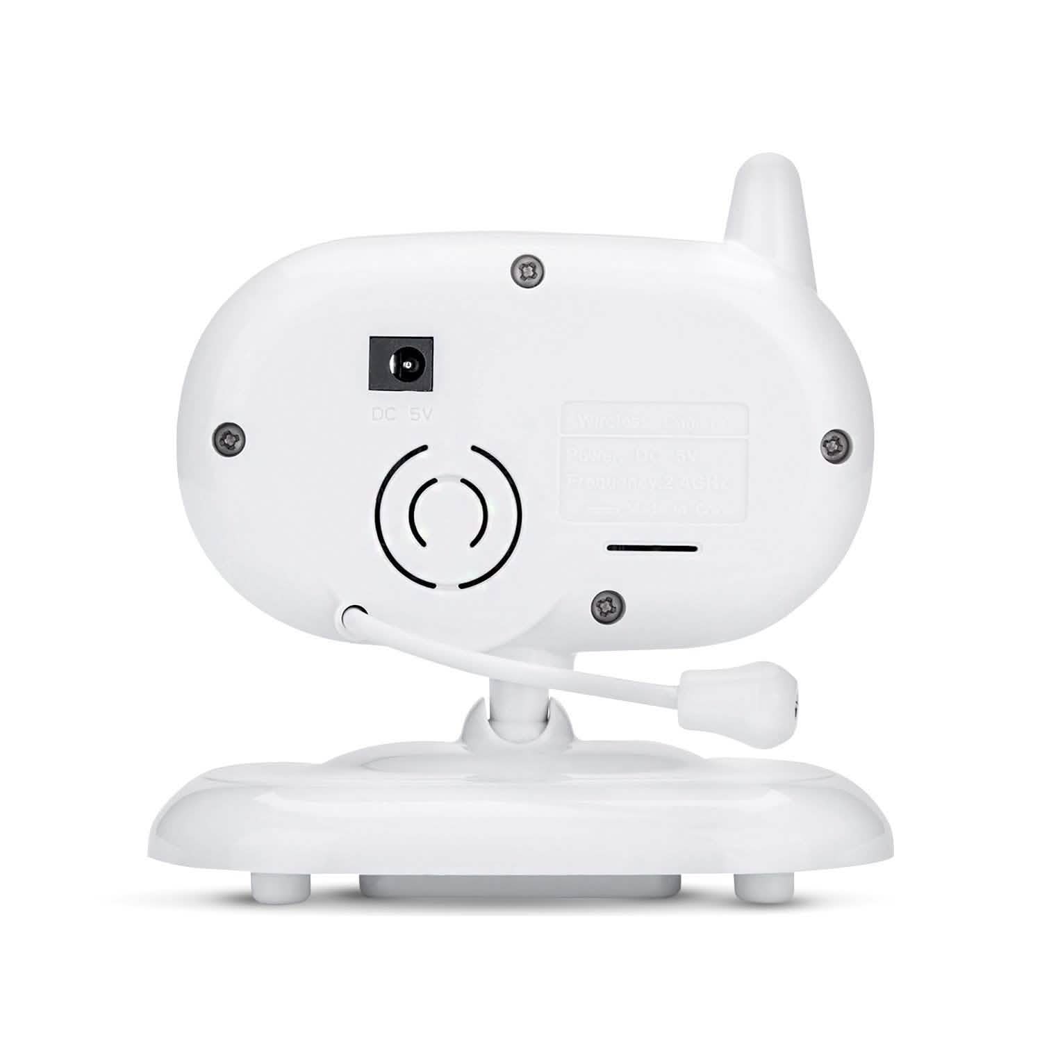 White baby monitor camera unit back with speaker grill and power control