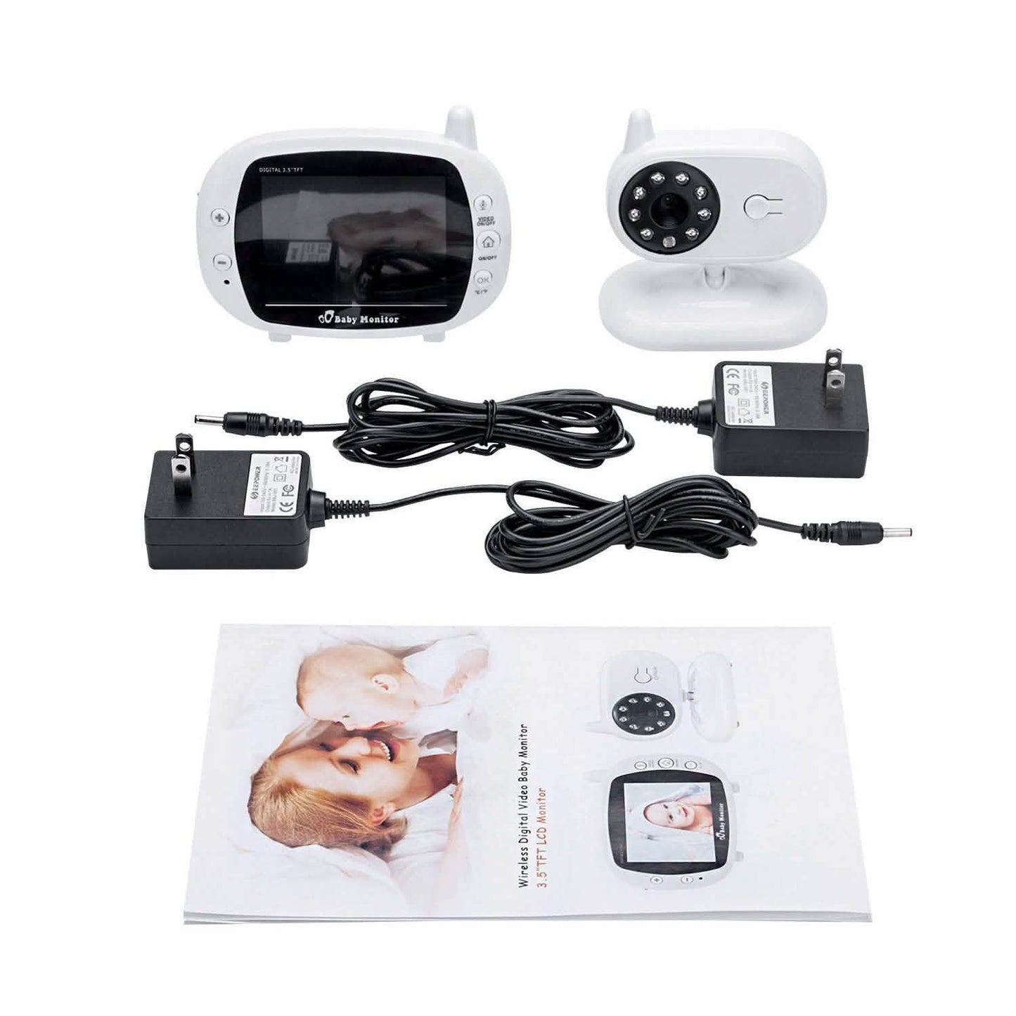 Baby monitor kit with receiver, camera unit, cables, and instruction sheet