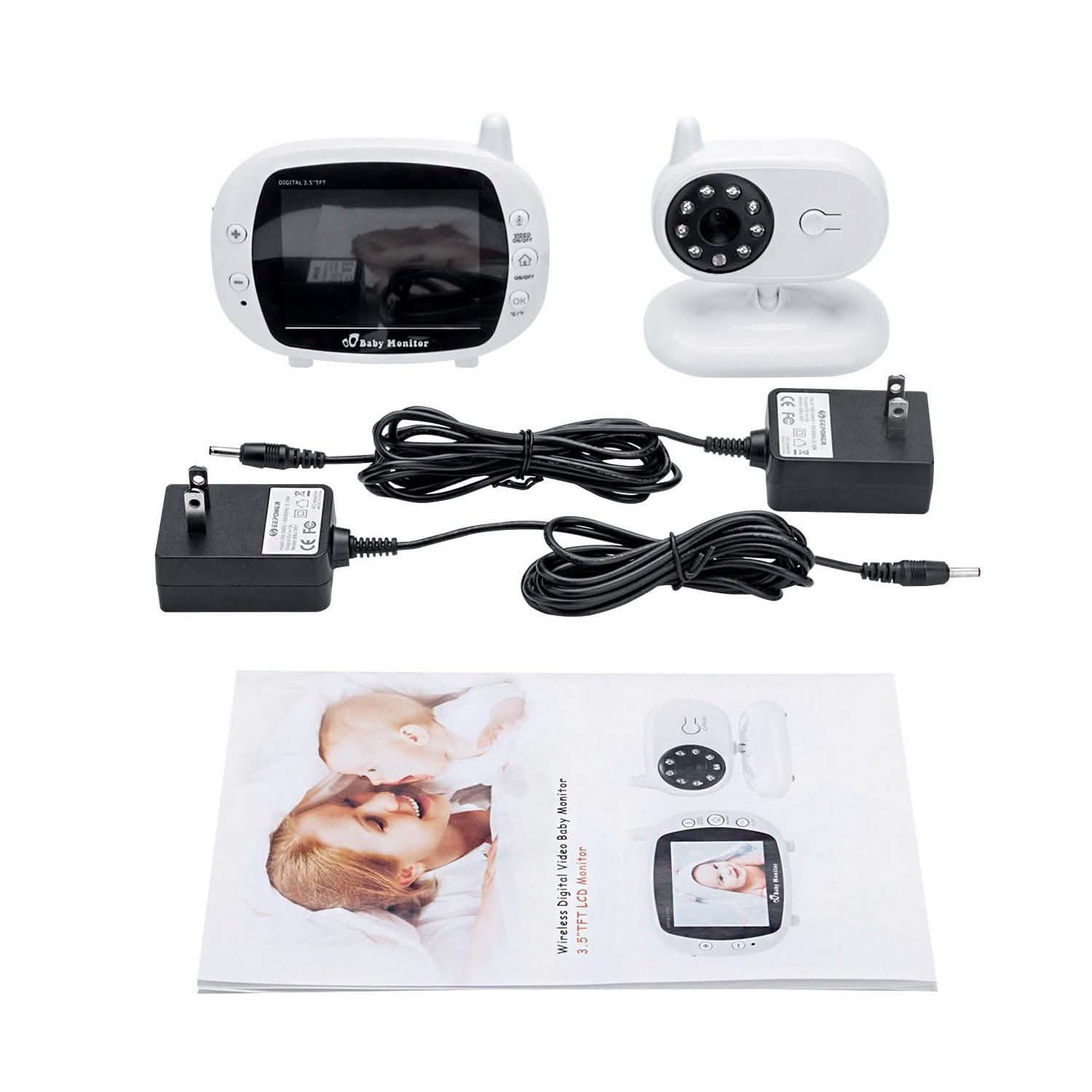 Baby monitor kit with receiver, camera unit, cables, and instruction sheet