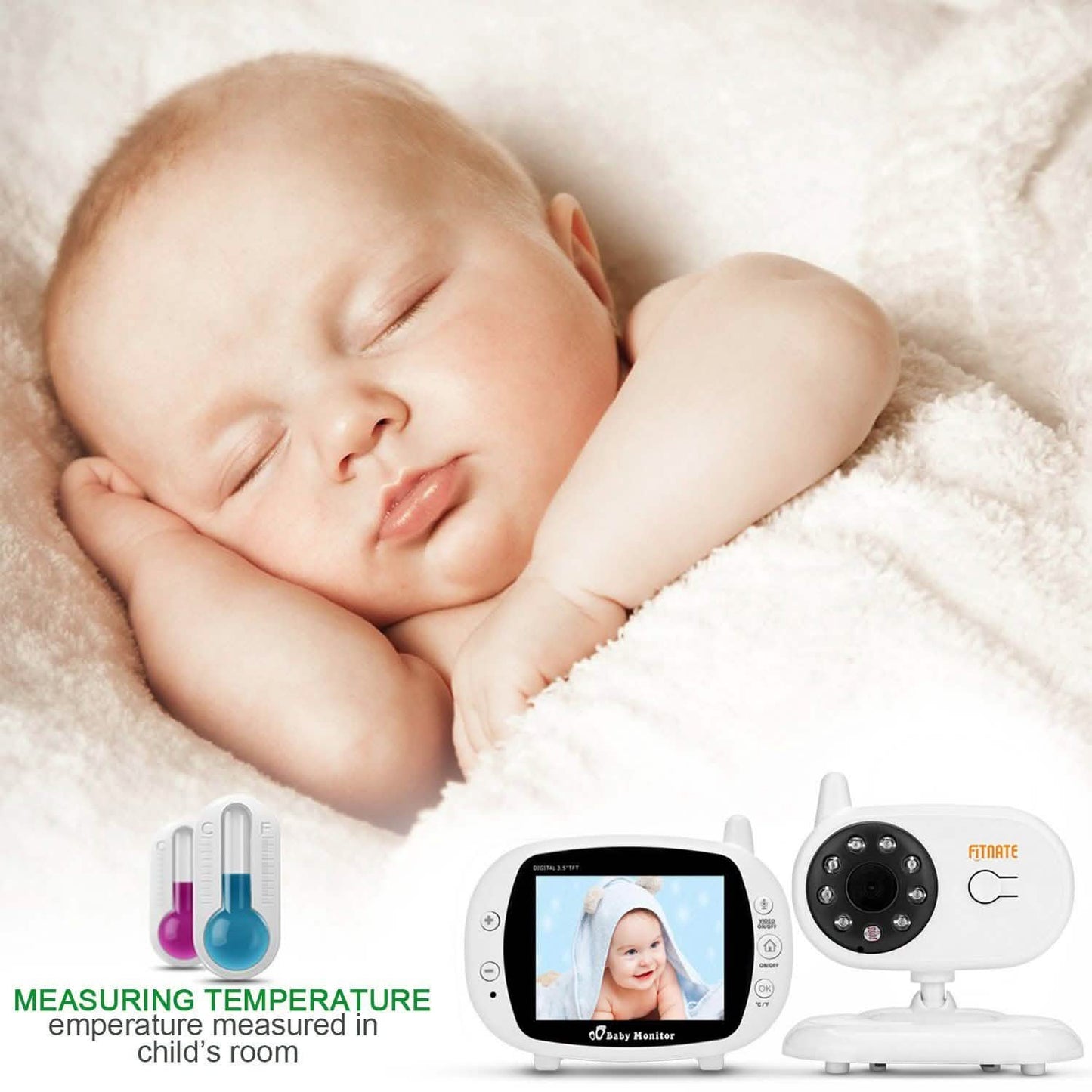 Wireless baby monitor viewer with 3.5-inch screen and round night-vision camera