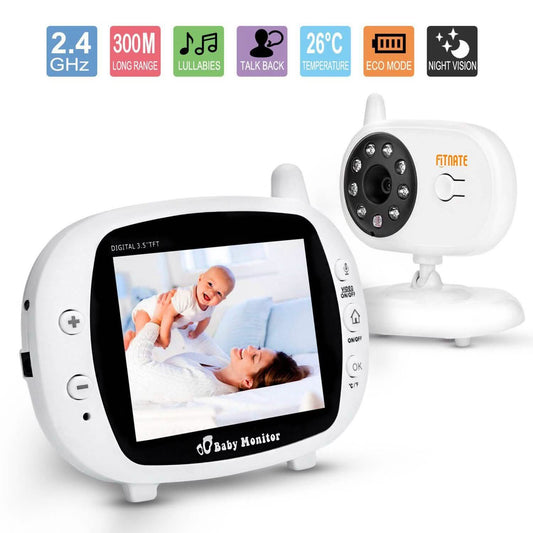 White baby monitor set showing receiver screen and wall-mountable camera unit