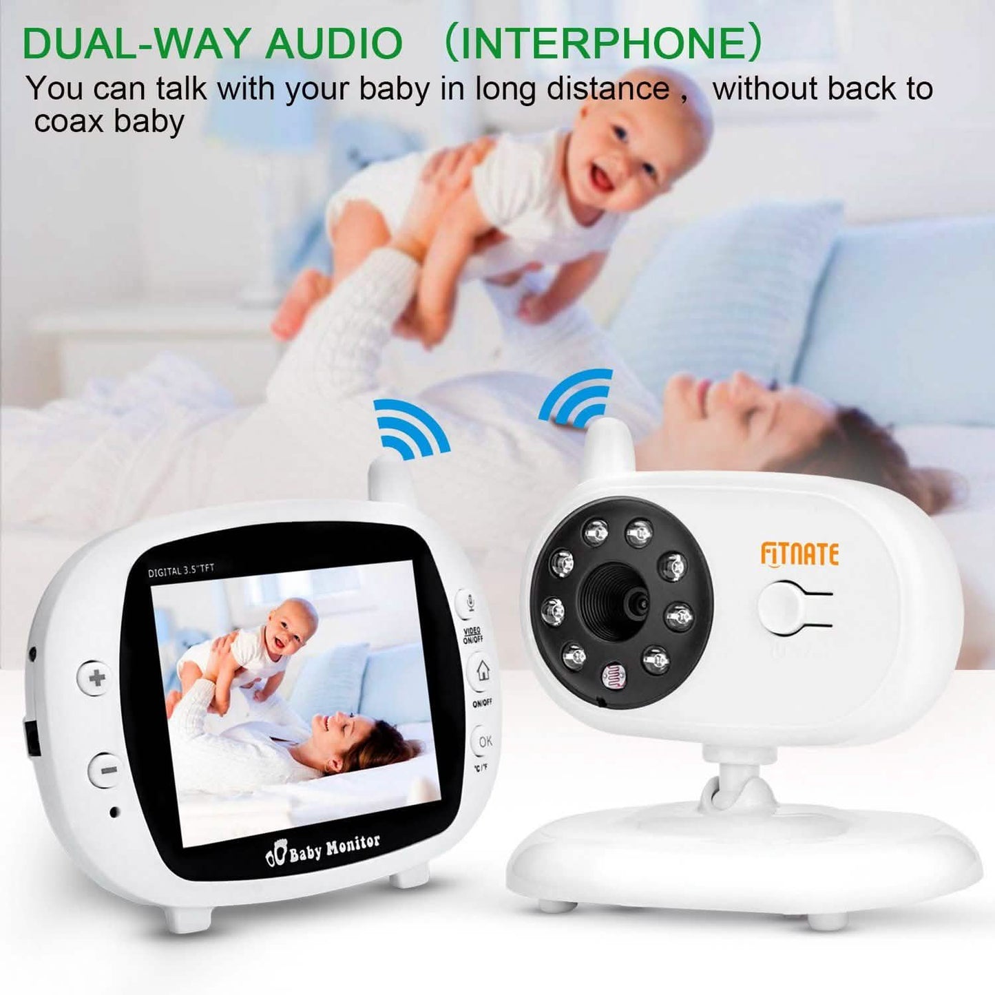 Wireless baby monitor receiver and camera unit with dual-way audio indicators