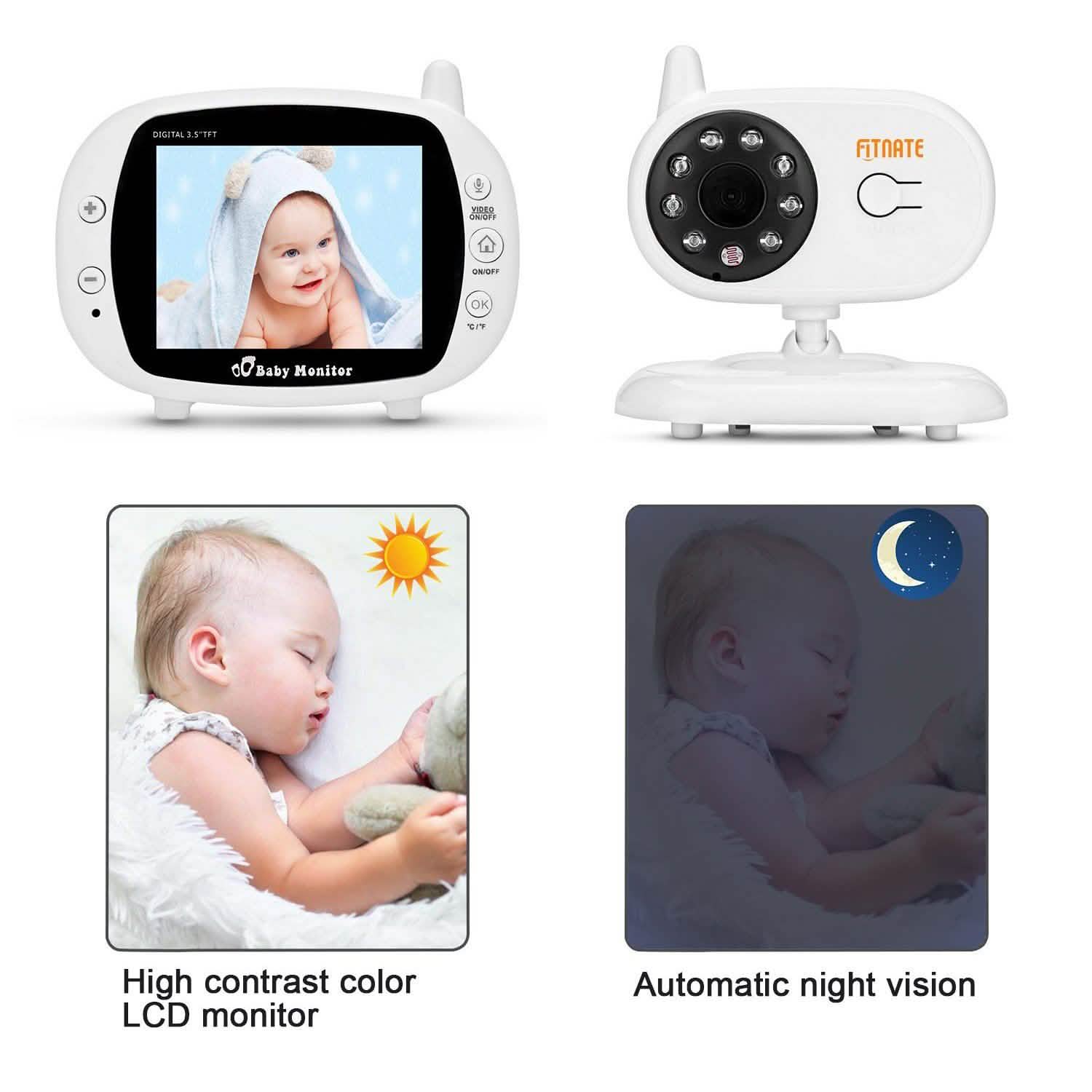 White baby monitor set with receiver screen showing bright and dark baby views