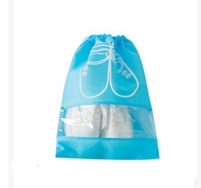 Light blue drawstring shoe storage bag with white shoe icon on the front.