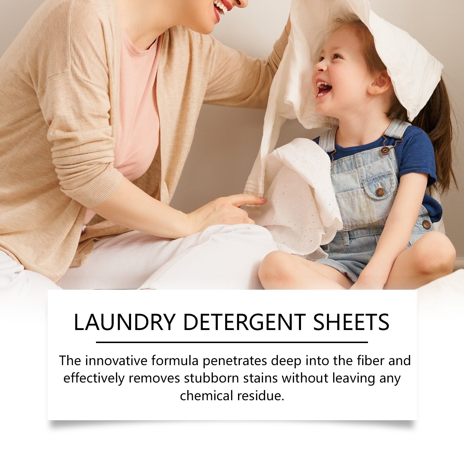 Laundry detergent sheets card with stacked white cleaning sheets