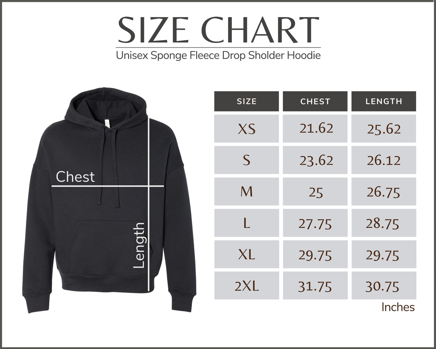 Size chart for unisex drop-shoulder hoodie with chest and length measurements