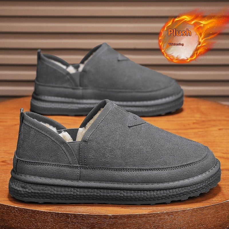Grey suede snow boots with fleece lining, round toe, and flat rubber sole