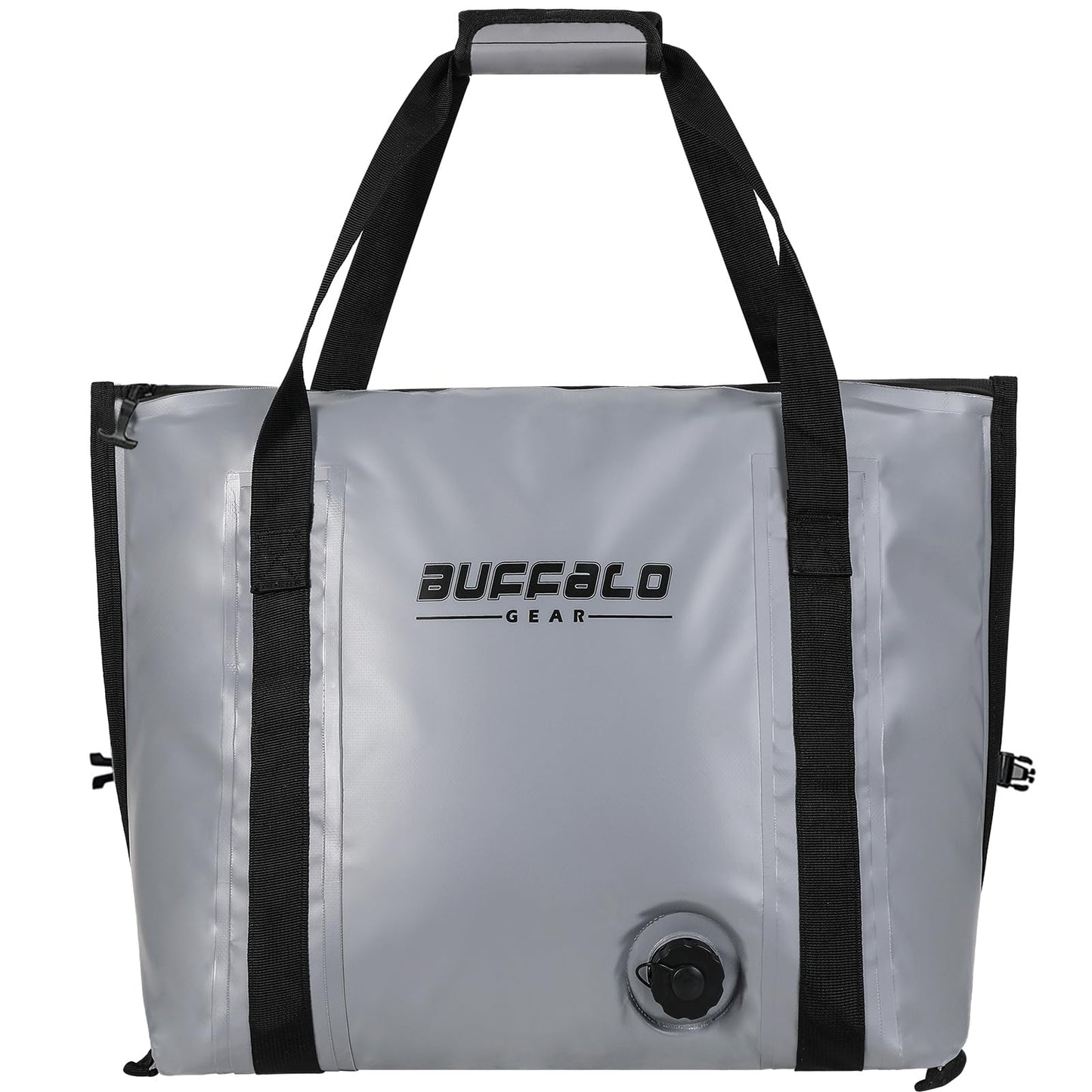 Light gray fish cooler bag with black carry handles and front logo