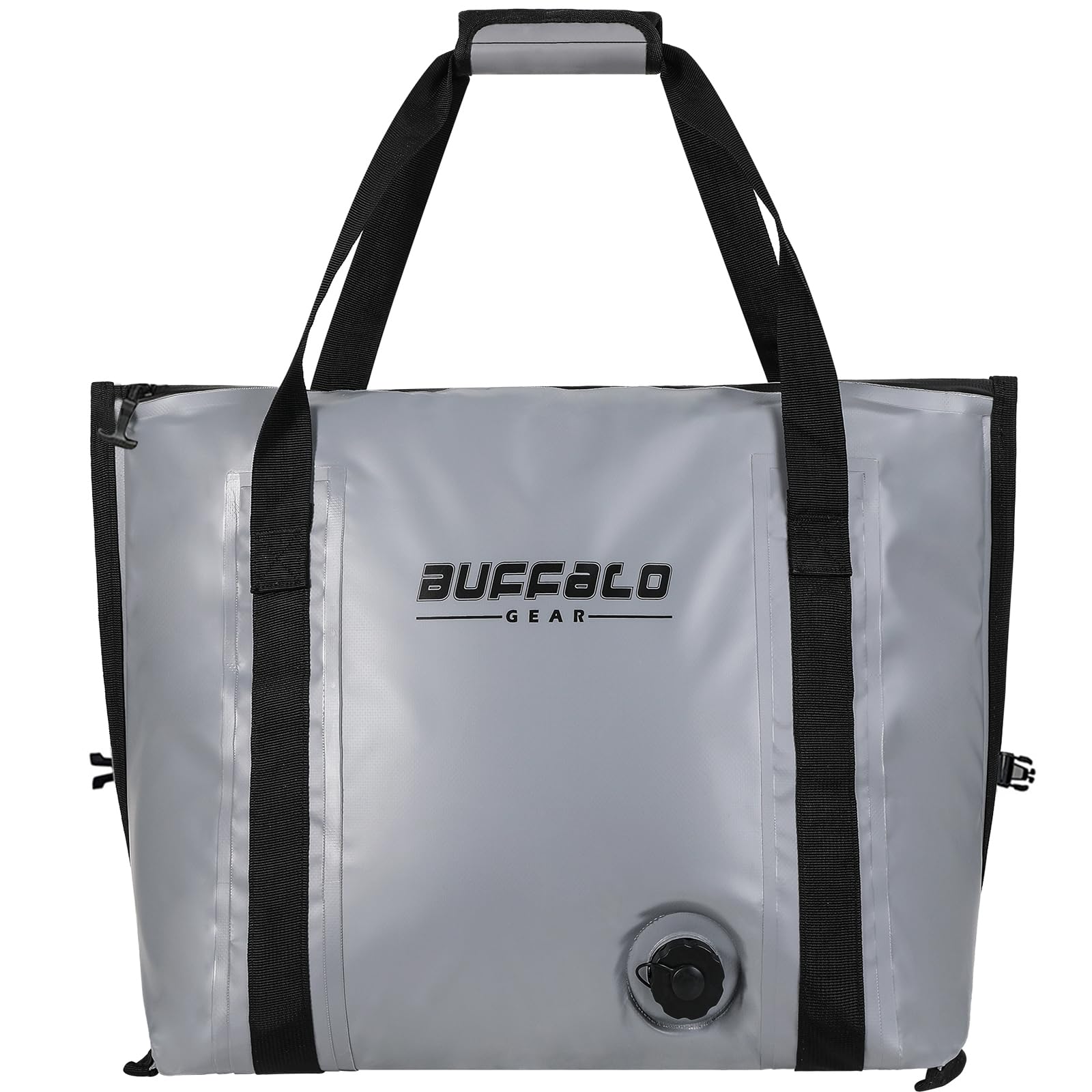 Light gray fish cooler bag with black carry handles and front logo