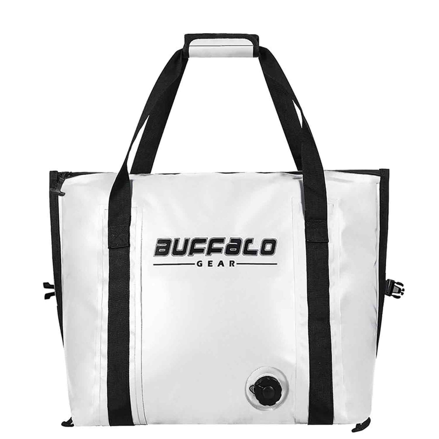 White fish cooler bag with black carry handles and front logo panel