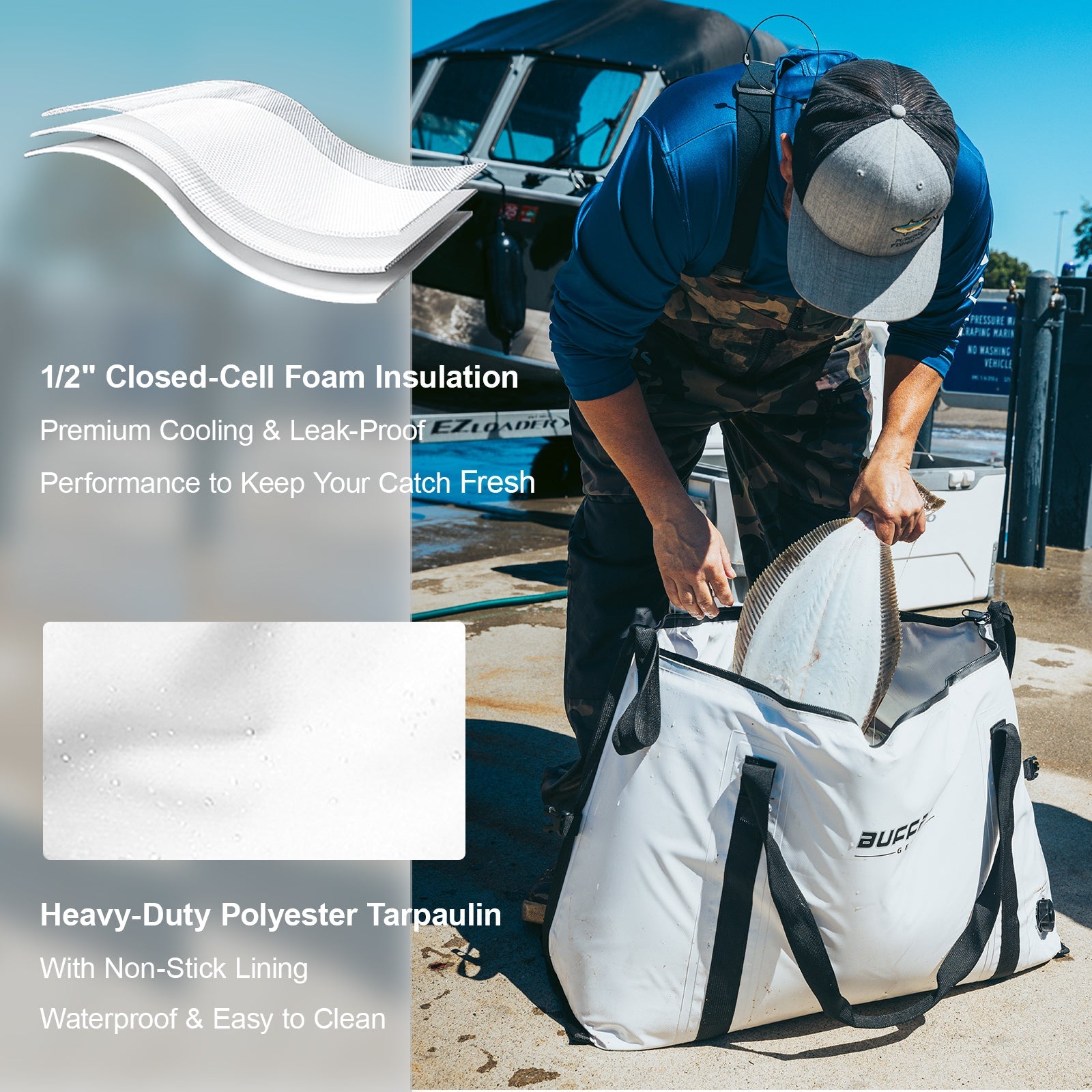 White fish cooler bag with black straps, standing open near a person