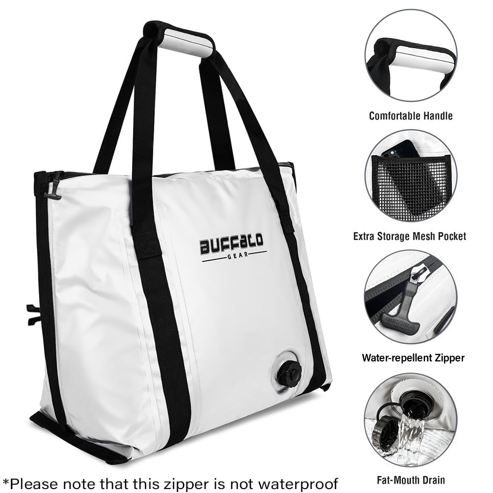 White fish cooler bag with black top handle straps and front logo