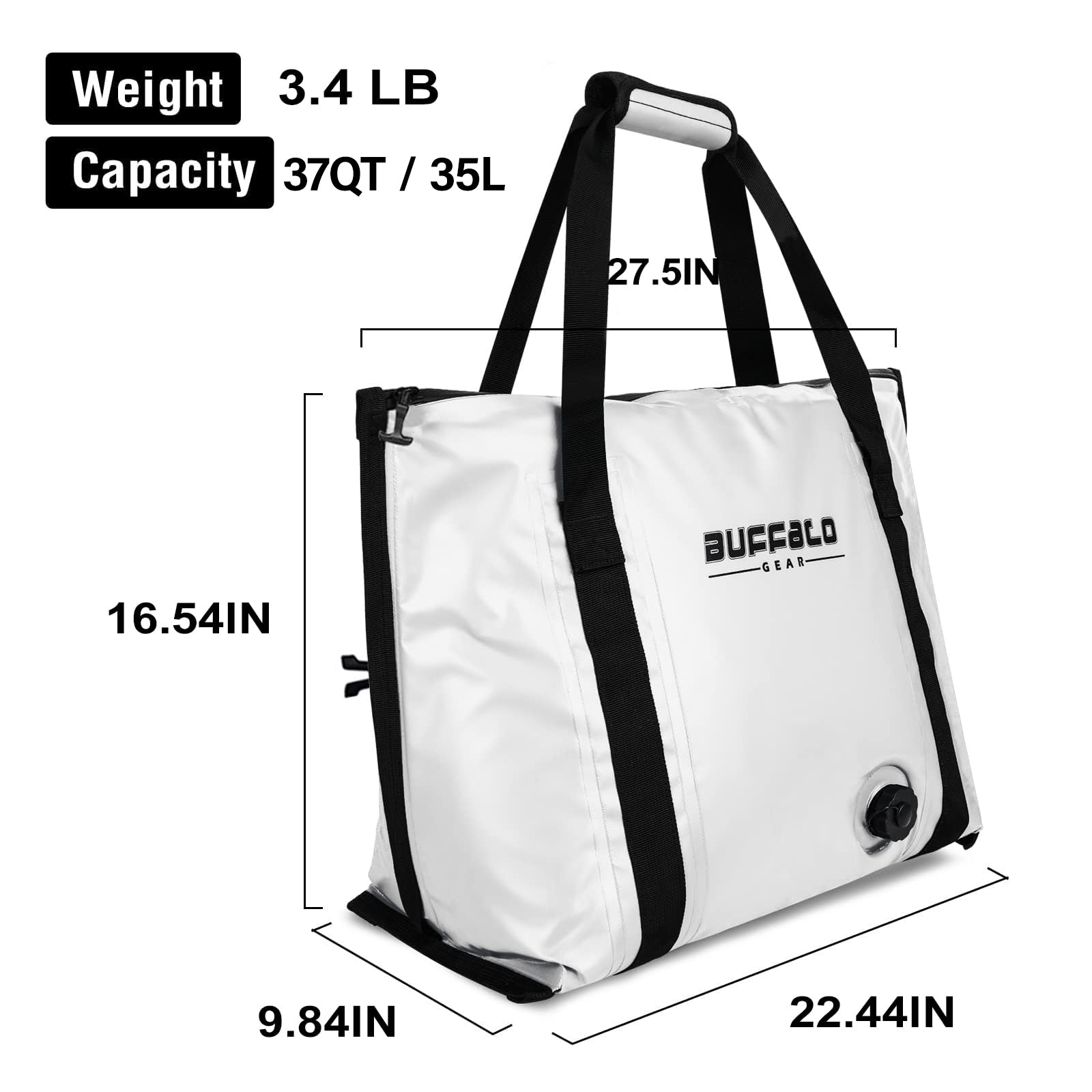White fish cooler bag with black straps and side drain port