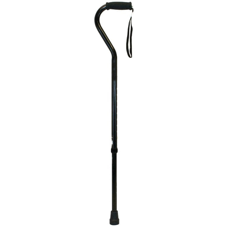 Black offset cane with curved handle, wrist strap, and rubber foot
