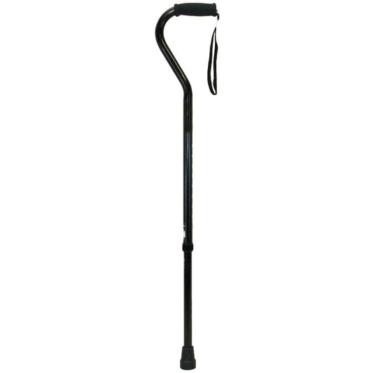 Black offset cane with curved handle, wrist strap, and rubber foot