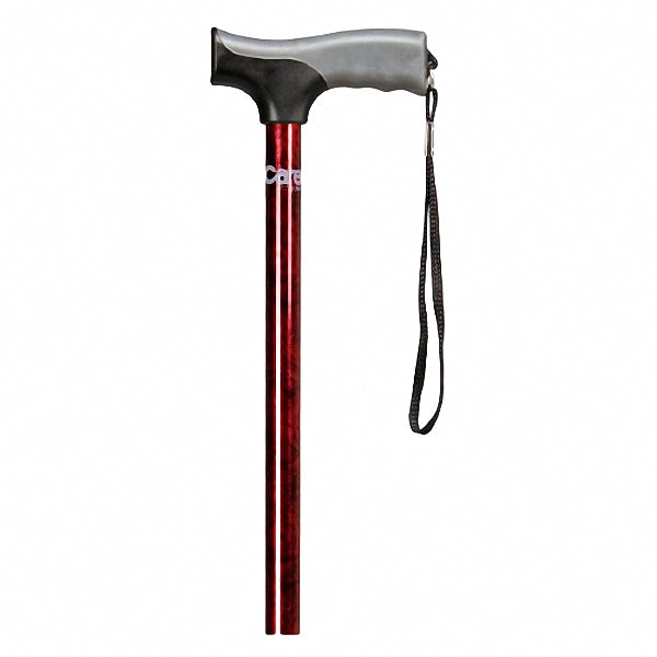 Red designer derby handle cane with soft grip; black handle and wrist strap